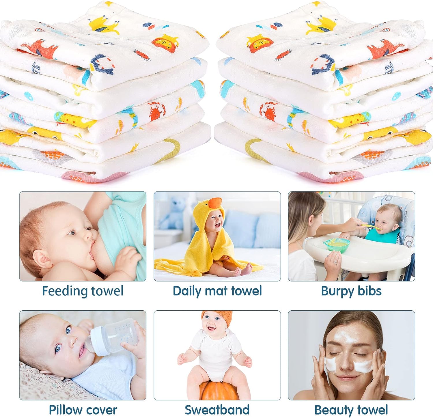 10 Pieces Baby Burp Cloth 10 x 20 inches 6 Layer Soft Absorbent Muslin Newborn Towel for Baby Shower Machine Washable, for Sensitive Skin Baby (Animal Pattern) - Image 6